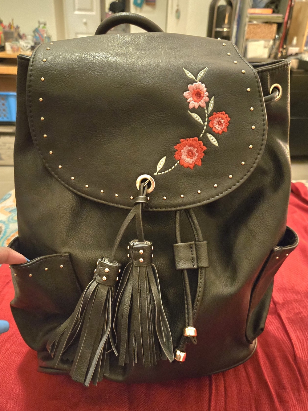 Black Floral Embroidered Faux Leather Backpack